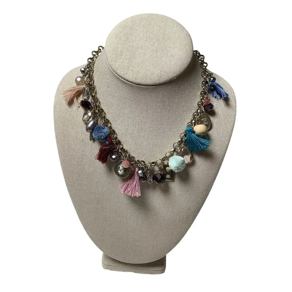 LOFT Gold Tone Chunky Chain Tassel Pom Pom Crystal Charm Necklace Boho F18-45